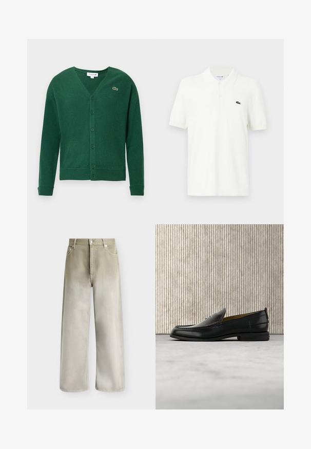 Cardigan verde hecho de material de punto, con cuello en V, mangas largas y botones en la parte delantera. Pequeño logo bordado en el pecho izquierdo.; Polo blanco hecho de una suave tela de algodón con un cuello clásico, una tapeta de tres botones y un pequeño logo de cocodrilo verde en el pecho.; Vaqueros beige y gris claro de pierna ancha con bolsillos delanteros, trabillas para cinturón y cierre de botón.; Mocasín de cuero negro para hombre con empeine grabado en relieve de cocodrilo y tacón bajo, mostrado de perfil sobre un fondo neutro.