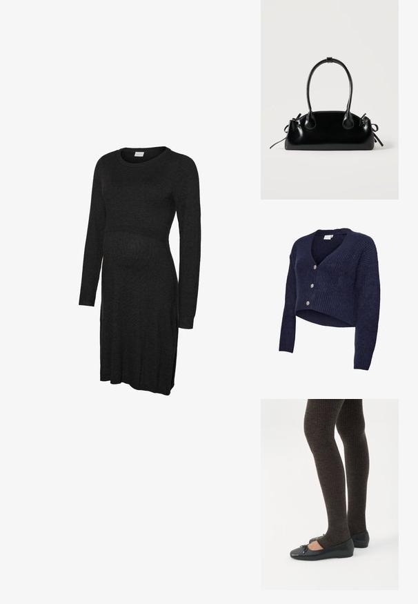 Marineblå strikket cardigan med cropped design, V-hals og lange ærmer. Fem glitrende knapper pryder forsiden, som har en ribstrikket tekstur.; Sort langærmet graviditetskjole lavet af blødt stof, med rund halsudskæring og let tilspidset talje for at rumme en voksende mave.; Ben iført mørke ribbede leggings kombineret med sorte balletsko med små sløjfedetaljer på hvid baggrund.; Lille sort blank håndtaske med to lange håndtag og snøre-detaljer i siden på en ensfarvet lys baggrund.