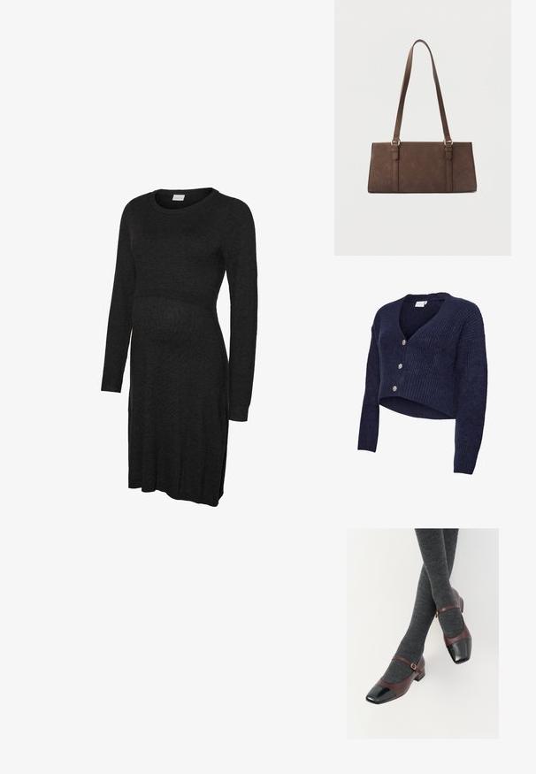 Marineblå strikket cardigan med cropped design, V-hals og lange ærmer. Fem glitrende knapper pryder forsiden, som har en ribstrikket tekstur.; Sort langærmet graviditetskjole lavet af blødt stof, med rund halsudskæring og let tilspidset talje for at rumme en voksende mave.; Burgunderrøde læder Mary Jane-sko med en sort laktoej og tynd ankelrem; båret med mørkegrå ribbede strømper. Lav blokhæl.; Brun rektangulær skuldertaske med lange stropper og minimale syningsdetaljer på en ensfarvet baggrund.