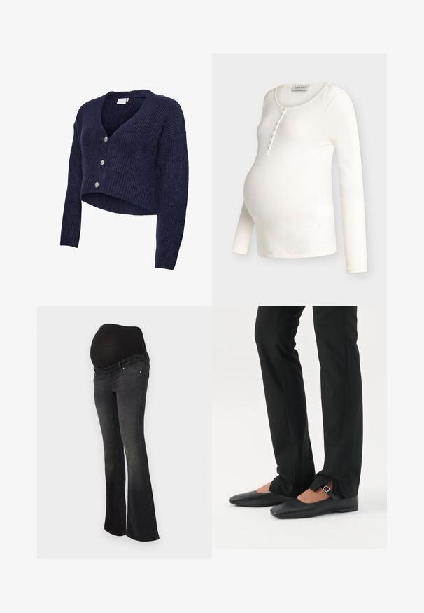 Tmavomodrý pletený kardigán s cropovaným strihom, výstrihom do V a dlhými rukávmi. Päte trblietavých gombíkov zdobia prednú časť s rebrovanou štruktúrou.; Tehotenské tričko s dlhým rukávom v krémovej farbe s rebrovanou textúrou, výstrihom dookola a zapínaním na gombíky, navrhnuté tak, aby sa pohodlne prispôsobilo tehotenskému brušku.; Tehotenské džínsy v tmavo šedom denime s pružnou čiernou panelou na podporu bruška, s rozšírenými nohavicami a klasickým štýlom s piatimi vreckami.; Nohy v čiernych priliehavých nohaviciach s prednými rozparkami na leme, v kombinácii s čiernymi plochými topánkami Mary Jane s malým prackovým remienkom.