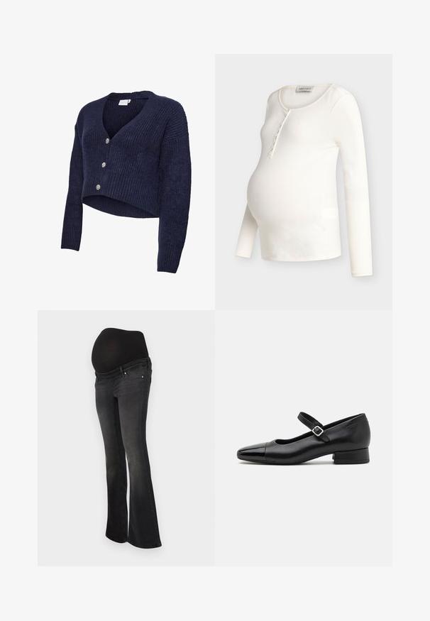 Marineblå strikket cardigan med cropped design, V-hals og lange ærmer. Fem glitrende knapper pryder forsiden, som har en ribstrikket tekstur.; Kremfarvet ribstrikket langærmet graviditetstop med rund halsudskæring og knapåbning, designet til at passe over en gravid mave.; Graviditetsjeans i mørkegrå denim med en strækbar sort panel til støtte af maven, design med udvidet ben og klassisk fem-lomme stil.; Sorte læder Mary Jane-sko med en patenttå, justerbar ankelrem og lav blokhæl. Glat tekstur og strømlinet design.