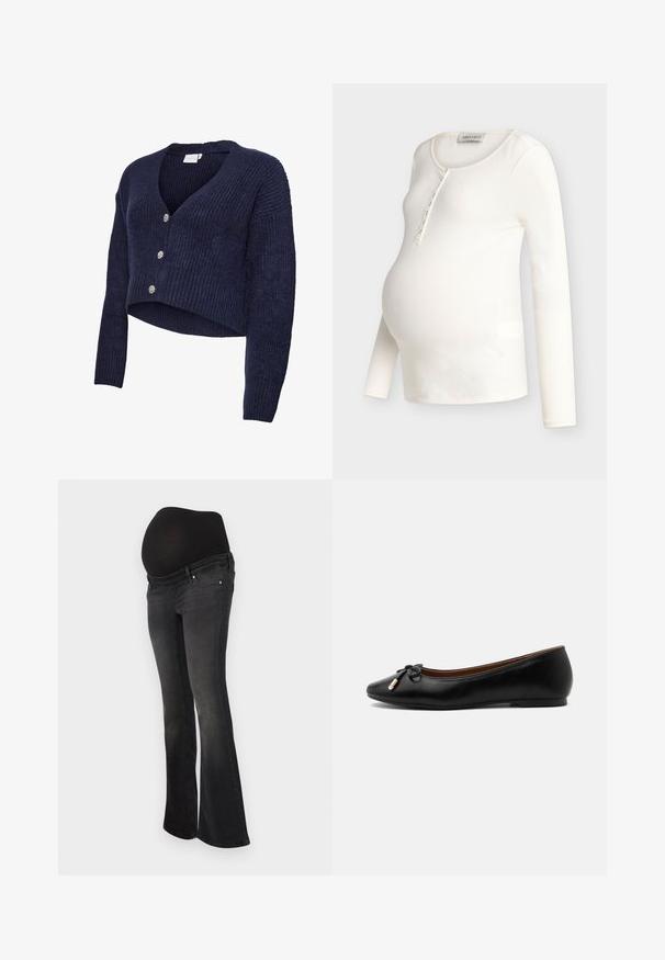Marineblå strikket cardigan med cropped design, V-hals og lange ærmer. Fem glitrende knapper pryder forsiden, som har en ribstrikket tekstur.; Kremfarvet ribstrikket langærmet graviditetstop med rund halsudskæring og knapåbning, designet til at passe over en gravid mave.; Graviditetsjeans i mørkegrå denim med en strækbar sort panel til støtte af maven, design med udvidet ben og klassisk fem-lomme stil.; Sort læder balletflat med rund tå, lille sløjfe med guldtippede ender og en lav flad hæl på en grå baggrund.