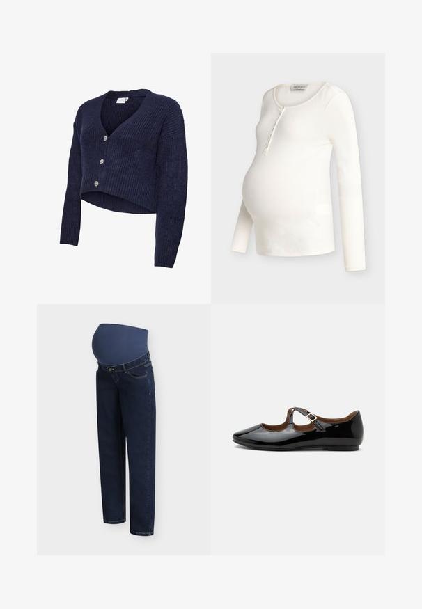Marineblå strikket cardigan med cropped design, V-hals og lange ærmer. Fem glitrende knapper pryder forsiden, som har en ribstrikket tekstur.; Kremfarvet ribstrikket langærmet graviditetstop med rund halsudskæring og knapåbning, designet til at passe over en gravid mave.; Mørkeblå graviditetsjeans med et elastisk navyblåt stofpanel, der er designet til at støtte en gravid mave.; Sort laklæder Mary Jane-flad sko med to udskæringer og en guldbuckelrem på hvid baggrund.