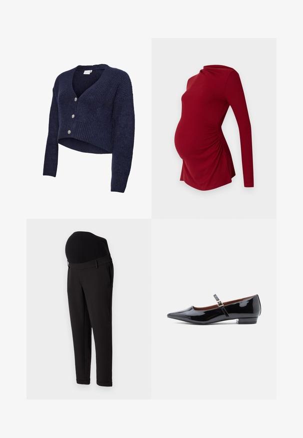 Marineblå strikket cardigan med cropped design, V-hals og lange ærmer. Fem glitrende knapper pryder forsiden, som har en ribstrikket tekstur.; Langærmet rød graviditetstop i ribbet tekstur, med en draperet halsudskæring og sidelæggede detaljer for at rumme en voksende mave.; Sorte maternitetbukser med høj elastisk talje og tapered ben design. Stoffet har en glat tekstur med en let glans.; Sorte patenterede læder Mary Jane flade sko med spids tå og lille hæl, udstyret med en justerbar rem med guld spænde.