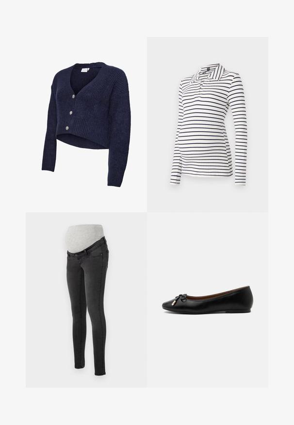 Marineblauw gebreid vest met een cropped ontwerp, V-hals en lange mouwen. Vijf glinsterende knopen sieren de voorkant, met een geribbelde textuur.; Maternity polo shirt met lange mouwen, voorzien van witte en marineblauwe horizontale strepen, een geribbelde textuur en een kraag met een half-knopsluiting.; Zwangere spijkerbroek in donkergrijs denim met een zachte, grijze elastische tailleband voor comfort. Slanke pasvorm met standaard zakken.; Zwarte leren ballerina met een afgeronde neus, een klein strikje met goudkleurige uiteinden en een lage platte hak op een grijze achtergrond.