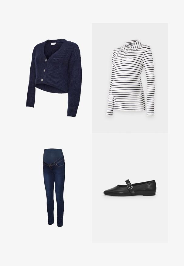 Marineblauw gebreid vest met een cropped ontwerp, V-hals en lange mouwen. Vijf glinsterende knopen sieren de voorkant, met een geribbelde textuur.; Maternity polo shirt met lange mouwen, voorzien van witte en marineblauwe horizontale strepen, een geribbelde textuur en een kraag met een half-knopsluiting.; Donkerblauwe zwangerschapsjeans met een rekbare tailleband, een slanke pasvorm en klassieke vijfzakkenstijl met contrasterende stiknaden.; Zwarte leren platte schoen met een ronde neus, een enkele verstelbare gespsluiting en een gladde, glanzende textuur. Minimalistisch ontwerp met een lage hak.