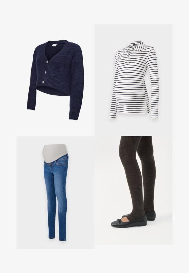 Marineblauw gebreid vest met een cropped ontwerp, V-hals en lange mouwen. Vijf glinsterende knopen sieren de voorkant, met een geribbelde textuur.; Maternity polo shirt met lange mouwen, voorzien van witte en marineblauwe horizontale strepen, een geribbelde textuur en een kraag met een half-knopsluiting.; Zwangerschapsjeans in blauwe denim met een aansluitende pasvorm. Voorzien van een grijze stretchband voor extra comfort. Klassiek vijfzakkenontwerp met een lichte vervaging.; Benen met donkere geribbelde leggings gecombineerd met zwarte ballerina's met kleine strikdetails op een witte achtergrond.