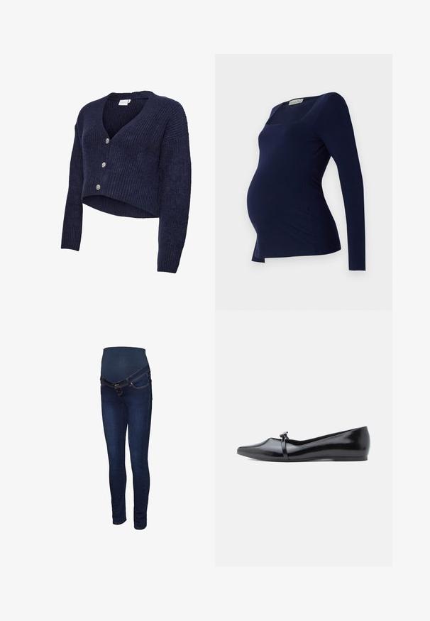 Cárdigan azul marino de punto con diseño corto, cuello en V y mangas largas. Cinco botones brillantes adornan el frente, que presenta una textura acanalada.; Anna Field MAMA by Zalando Camiseta de manga larga - dark blue; Jeans de maternidad azul oscuro con un panel elástico en la cintura, diseño de corte ajustado y estilo clásico de cinco bolsillos con costuras contrastantes.; Bailarina de charol negro con punta afilada, correa decorativa y textura lisa. Diseño minimalista sin adornos visibles.