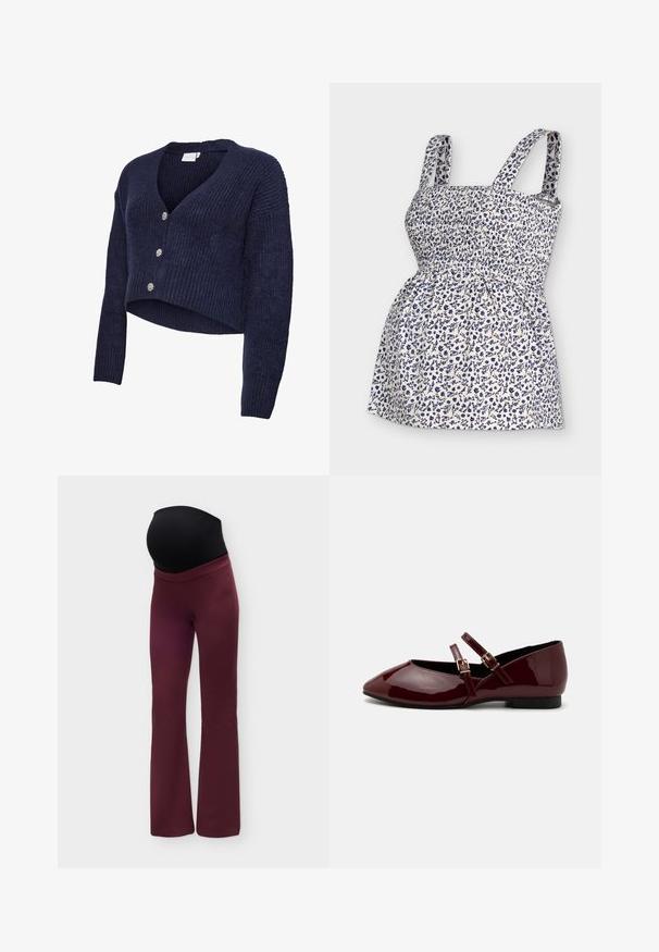 Cardigan en tricot bleu marine avec un design court, col en V et manches longues. Cinq boutons scintillants ornent le devant, mettant en valeur une texture côtelée.; Haut d'été blanc sans manches avec motif floral bleu et corsage élastique froncé sur fond uni.; Pantalon de maternité extensible à jambes évasées, couleur bordeaux, avec un panneau noir sur le ventre pour un soutien confortable pendant la grossesse.; Anna Field by Zalando Babies - dark red