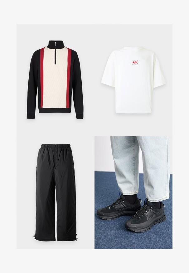 Trøje med halvlynlås i kraven, med en cremefarvet forside med mønster, sorte ærmer og røde striber i siderne. Tekstureret stof.; Hvid bomulds t-shirt med korte ærmer, der har en lille rød broderet grafik af tre figurer i bevægelse nær midten.; Sorte isolerede bukser med elastisk talje, der har sidelommer og justerbare mansjetter. Glat stof med en let blank overflade.; Sorte træningssko med tekstureret stof og gummisåler, udstyret med elastiske snørebånd og en blå detalje på hælen. Bæres med lyse denimbukser.