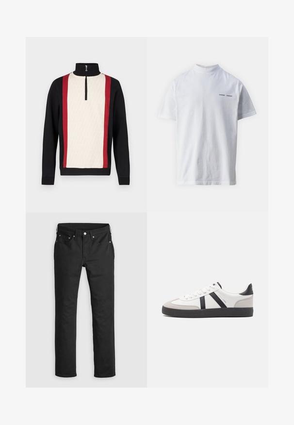 Trøje med halvlynlås i kraven, med en cremefarvet forside med mønster, sorte ærmer og røde striber i siderne. Tekstureret stof.; Hvid bomulds t-shirt med høj halsudskæring og korte ærmer. Har "SAMSØE SAMSØE" logo i sort på forsiden. Glat tekstur.; Sorte denimbukser med lige ben, der har lynlås i gylpen, fem lommer og metalknapdetaljer. Glat tekstur.; Hvide sneakers med sorte og grå detaljer, med en tekstureret grå tåhætte, sort gummisål og flade hvide snørebånd. Rent design, minimalistisk stil.