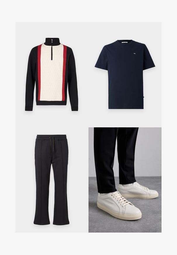Trøje med halvlynlås i kraven, med en cremefarvet forside med mønster, sorte ærmer og røde striber i siderne. Tekstureret stof.; Mørkeblå bomulds t-shirt med korte ærmer, rund hals, subtil "WW" logo på brystet og lige visk. Glat tekstur, afslappet design.; Sorte sweatpants med et design i flared ben, der har to sidelommer med lynlås og en justerbar snor i taljen. Glat tekstur og minimal branding.; Lys beige lædersneakers med flade snørebånd, en tekstureret overflade og en kontrasterende cremelilla gummisål, båret med sorte tapered bukser.