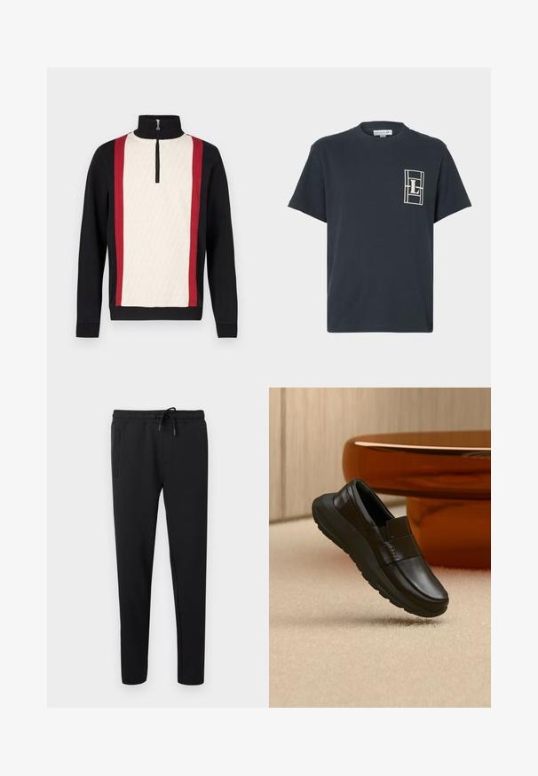 Trøje med halvlynlås i kraven, med en cremefarvet forside med mønster, sorte ærmer og røde striber i siderne. Tekstureret stof.; Marineblå T-shirt med korte ærmer og rund hals, med hvidt rektangulært logo med bogstavet "L" på venstre bryst.; Sorte joggerbukser med slim fit, elastisk talje, snøre og sidelommer, vist mod en ensfarvet lys baggrund.; Sort læderloafer med tyk sål, vist over beige tæppe og nær en rund bordfod i ravfarve.
