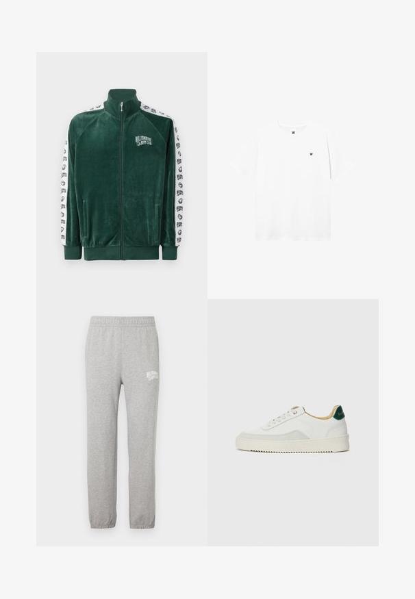 Grøn velour zip-up jakke med høj krave, sidelommer og hvide mønstrede ærmer med "Billionaire Boys Club" logo og detaljer.; Hvid kortærmet t-shirt med rund hals og lille cirkulært logo, der viser et sort "W" på venstre brystområde.; Grå bomulds sweatpants med elastisk talje og tapered ben. Har et hvidt logo på venstre lår. Glat tekstur.; Hvide sneakers med ruskindsdetaljer, rund tå, flade snørebånd og en cremet gummisål. Har grøn branding på hælen.