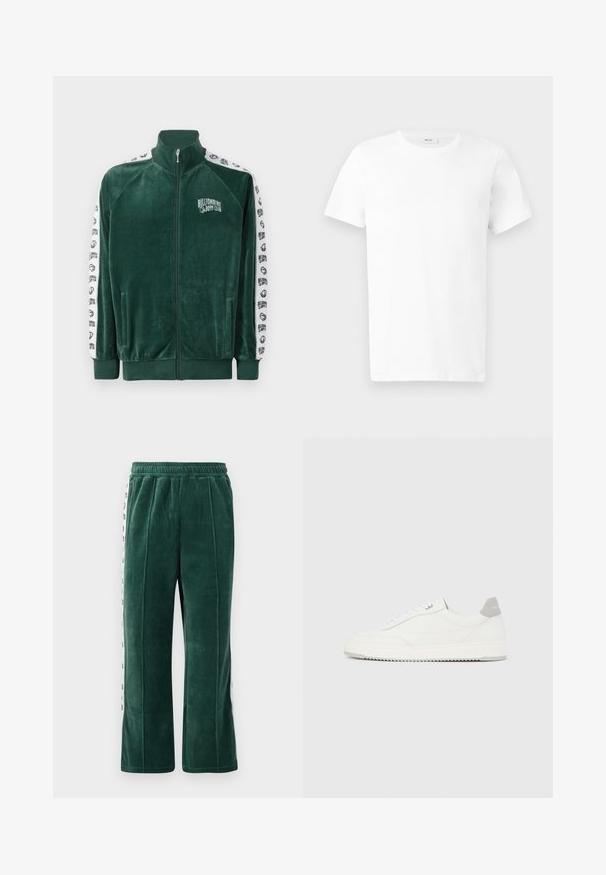 Grøn velour zip-up jakke med høj krave, sidelommer og hvide mønstrede ærmer med "Billionaire Boys Club" logo og detaljer.; Hvid kortærmet bomulds-T-shirt med rund hals, vist fladt på en lys grå baggrund.; Mørkegrønne velour træningsbukser med elastisk talje, prydet med lodrette sømme og hvide sidepaneler med sort tekst. Lige snit.; Hvid lavtop-sneaker med gråt hælflig, hvide snørebånd og tekstureret sål, vist på en ensfarvet lys baggrund.