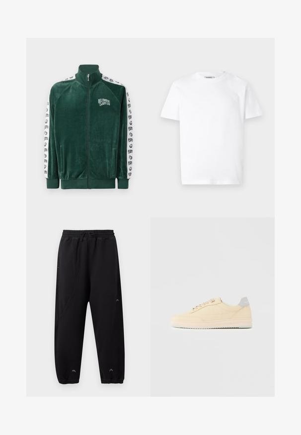 Groene velours zip-up jas met hoge kraag, zijzakken en witte gestreepte mouwen met het logo en accenten van "Billionaire Boys Club".; Witte katoenen t-shirt met een ronde hals en korte mouwen. Bevat een klein, reliëf logo op de linker borst. Soepele textuur.; Zwarte joggingbroek met elastische tailleband en boorden, slim fit, subtiele stiksel-details en klein wit logo bij enkels en dij.; Beige lage sneaker met veters aan de voorkant, lichtroze zool en een grijze hieltab met het merk "Filling Pieces", zijaanzicht op een effen achtergrond.