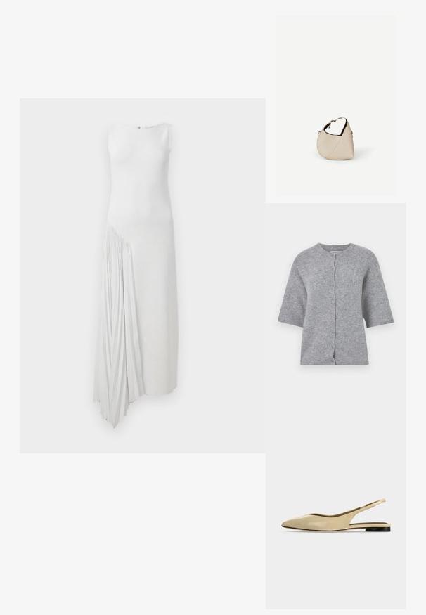 Cardigan gris tricoté à manches courtes, encolure ronde et fermeture à boutons. Présente un tissu texturé et une coupe décontractée.; Robe midi blanche au cut droit, avec des détails plissés sur un côté, un col rond et sans manches. Texture lisse.; Chaussure plate beige à bout pointu avec bride arrière, petit talon noir et finition en cuir lisse, vue de côté sur un fond uni.; Sac à main en cuir beige en forme de croissant avec une seule bandoulière et des coutures minimalistes, posé sur un fond blanc uni.