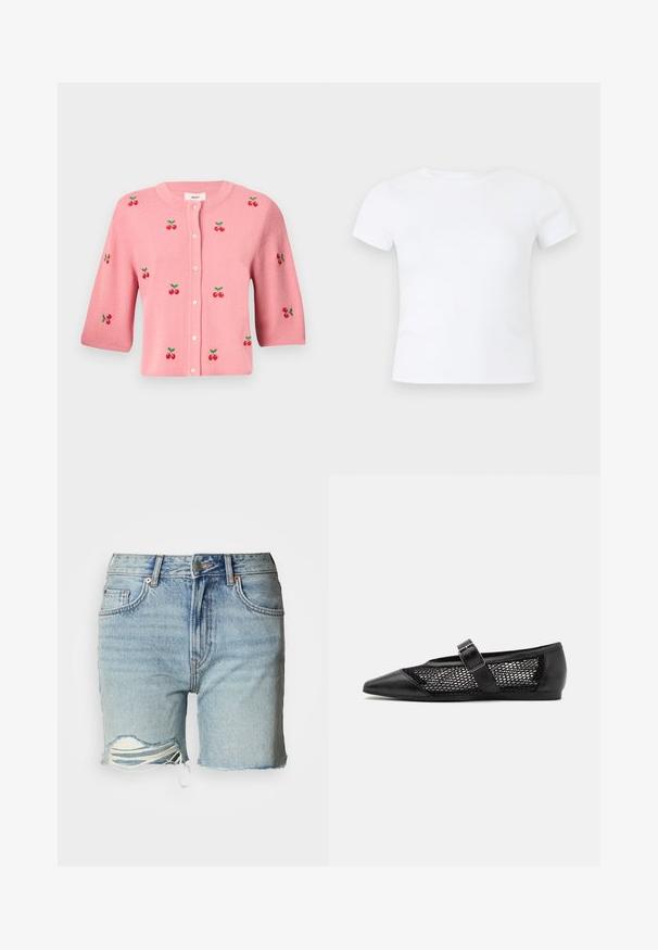 Object OBJTHESS - Gilet - rose elegance; T-shirt blanc uni à manches courtes et col rond, présenté sur un fond gris clair neutre.; Shorts en denim bleu clair avec ourlet effiloché, détails usés et fils blancs visibles au niveau de la coupe. Design classique à cinq poches.; Chaussure plate noire avec un bout pointu, panneaux latéraux en maille et une sangle avec une boucle décorative. Fini lisse sur les sections du bout et du talon.