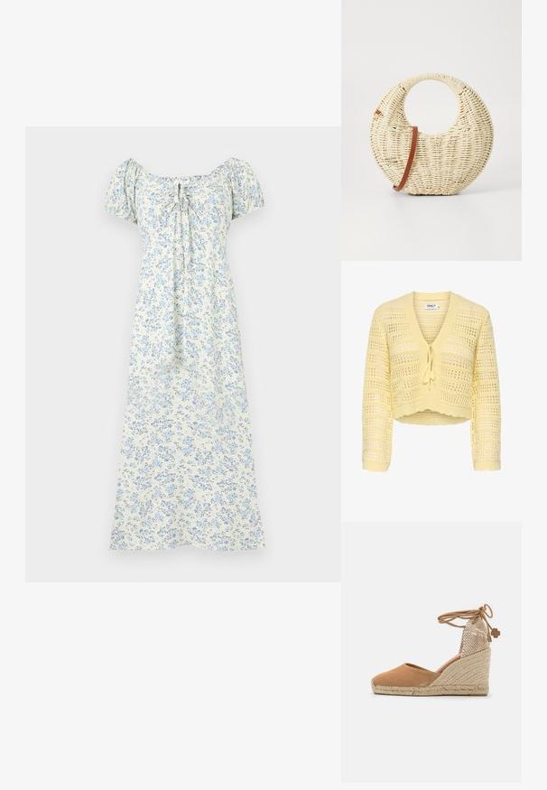 Cardigan court en maille ajourée jaune, manches longues, fermeture à nouer sur le devant, avec un bord festonné.; Robe midi blanche avec imprimé floral bleu clair, manches courtes bouffantes, encolure froncée et détail noué à l'avant.; Sandale à talon compensé en suède tan avec une semelle en jute, un design à bout ouvert et un dos en maille tressée avec une fermeture à lacets et un accent décoratif.; Sac à main tressé rond en paille naturelle avec une finition texturée. Dispose d'une bandoulière en cuir marron lisse et d'une poignée circulaire.