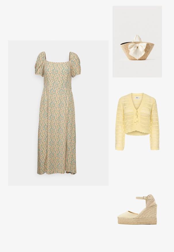 Cardigan court en maille ajourée jaune, manches longues, fermeture à nouer sur le devant, avec un bord festonné.; Even&Odd Robe de jour - green/pink; Espadrille compensée beige avec plateforme en jute tressé, bout fermé, bride de cheville avec boucle et contrefort de talon texturé dans des tons neutres.; Sac cabas en paille tissée avec des poignées en tissu crème et un grand nœud décoratif crème à l'avant, sur un fond uni.