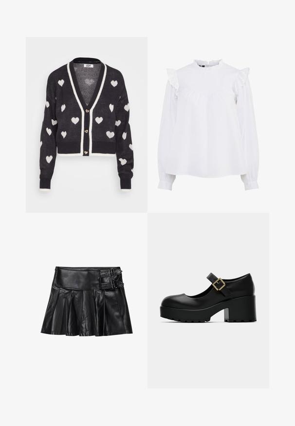 Hæklede cardigan med en navyblå base og hvide hjerte mønstre, v-hals og creme farvet kant. Tre hjerteformede knapper foran.; Hvid bomuldsbluse med høj hals, rynkede skuldre og lange ærmer med gathered manchetter. Blød tekstur og enkelt design.; Sort læderskirt med pliser, bred talje og to spænde-accenter på siden. Glat tekstur med en blank finish.; Sorte platform Mary Jane sko med rund tå, justerbar spænde rem og tyk hæl, med en tekstureret sål for godt greb.