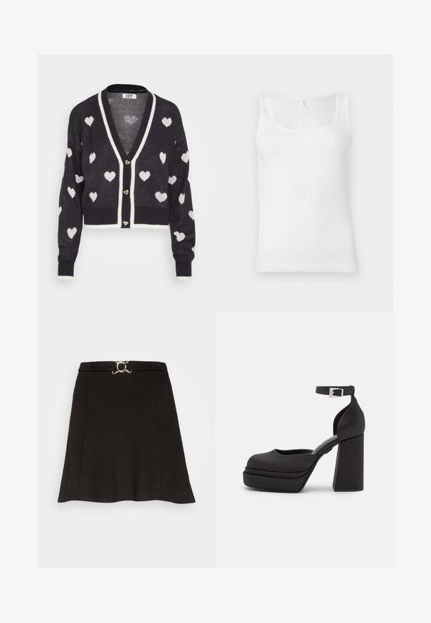 Hæklede cardigan med en navyblå base og hvide hjerte mønstre, v-hals og creme farvet kant. Tre hjerteformede knapper foran.; Hvid ribbet tanktop med rektangulær udskæring og brede skulderstropper. Stofmaterialet har en tekstureret, strækbar overflade.; Even&Odd Mini skirts - black; Sorte platform stilethæle med rund tå, mat stof, høj blokhæle, justerbar ankelrem og diskret syning.