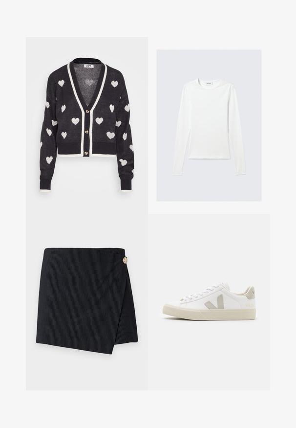 Hæklede cardigan med en navyblå base og hvide hjerte mønstre, v-hals og creme farvet kant. Tre hjerteformede knapper foran.; Langærmet, enkel hvid T-shirt med rund halsudskæring og tætsiddende pasform, vist mod en lysegrå baggrund.; Sort stribet omslagskør med en guldknafsdetalje på siden; glat tekstur, lige snit og simpel kant.; Hvide sneakers lavet af læder med grå V-logo detaljer, struktureret gummisål, hvide snørebånd samt polstret tunge og krave.