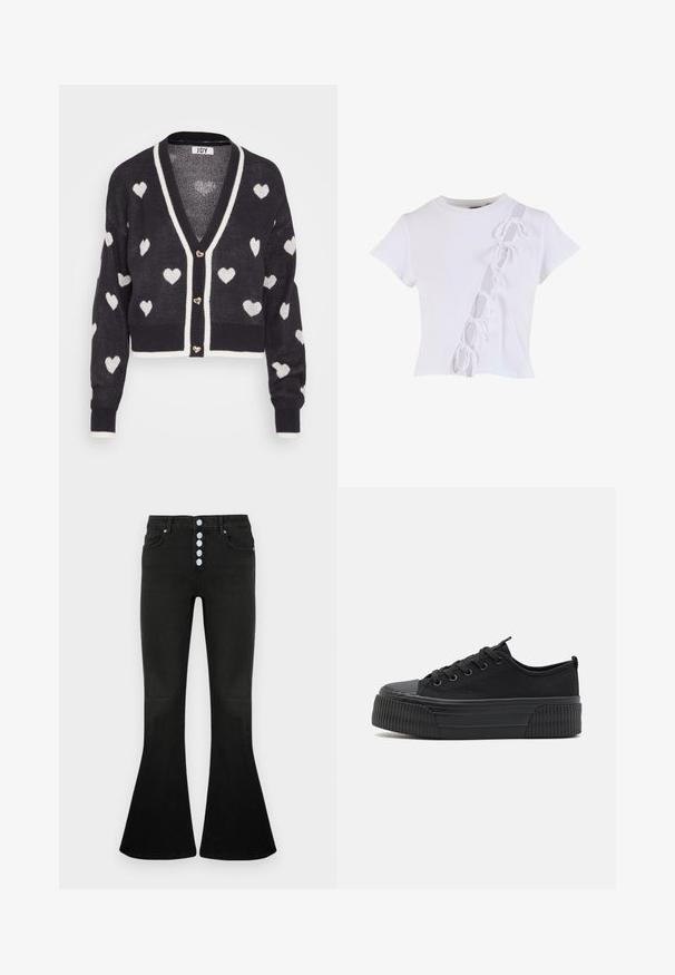 Hæklede cardigan med en navyblå base og hvide hjerte mønstre, v-hals og creme farvet kant. Tre hjerteformede knapper foran.; Hvid bomulds T-shirt med korte ærmer og slidser i siden, dekoreret med hvide snore. Rund halsudskæring og tætsiddende design.; Sorte jeans med flare og høj talje, fem-knaps lukning, blød denimbeklædning og diskrete syningsdetaljer på lommer og syninger.; Svarte lærersneakers med en ribbet gummisål, rund tå og seks snørrehuller. Glat tekstur med en kontrasterende ribbet detalje på bunden.