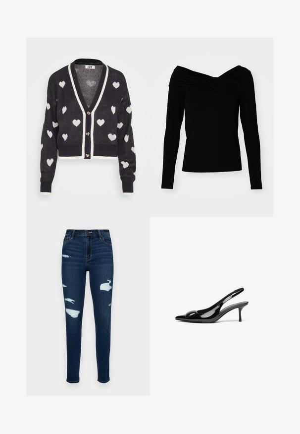 Heegeldatud kardigan, millel on tumesinine taust ja valged südame mustrid, V-kaelus ja kreemjas äär. Ees on kolm südamekujulist nööpi.; Must mustanga, mis on avatud õlgadega ja pikad varrukad, on drapeeringu disainiga ja sujuva tekstuuriga, mis loob figuuri rõhutava silueti.; Tumedad sinised kitsad teksapüksid, millel on kulutatud plaastrid ja lahtine ääredetail. Klassikaline viie tasku disain ja luku tõmblukk.; Must ja musta läikiva lakknahast slingback-kontsaga kingad, millel on terav nina ja läikiv viimistlus. Omab saledat kontsa ja ümarat aktsenti jalanõu ülaosas.
