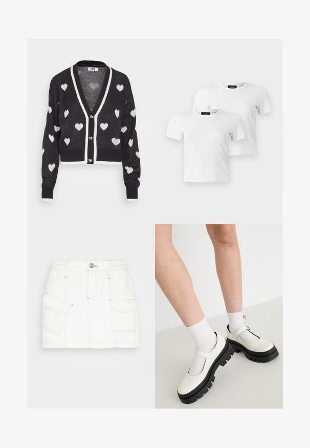 Hæklede cardigan med en navyblå base og hvide hjerte mønstre, v-hals og creme farvet kant. Tre hjerteformede knapper foran.; To enkle hvide T-shirts med korte ærmer og rund hals med JJXX mærke-etiketter vist på en lys grå baggrund.; BDG Urban Outfitters SKIRT - Denimnederdele - white; Hvide patentlæder Mary Jane-sko med en kraftig sort sål, der har en rem over vristen og bæres med hvide sokker.