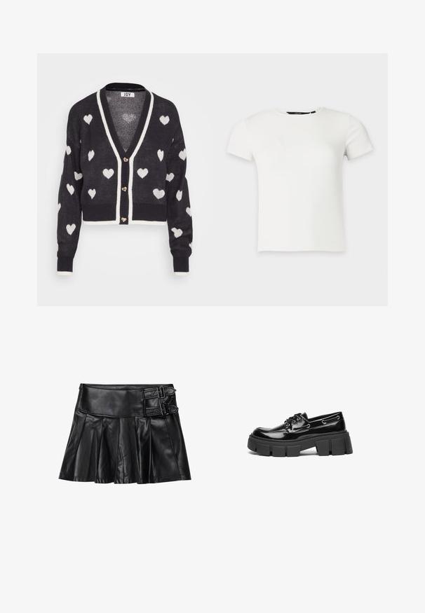 Hæklede cardigan med en navyblå base og hvide hjerte mønstre, v-hals og creme farvet kant. Tre hjerteformede knapper foran.; Hvid kortærmet ribstrikket t-shirt med rund halsudskæring, vist på en ensartet lys grå baggrund.; Sort læderskirt med pliser, bred talje og to spænde-accenter på siden. Glat tekstur med en blank finish.; Sort laker i patenteret læder med en kraftig sort platformsål og dekorative øjer. Glat tekstur med rund tå og snøredetalje.