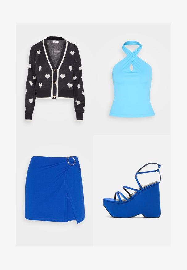 Hæklede cardigan med en navyblå base og hvide hjerte mønstre, v-hals og creme farvet kant. Tre hjerteformede knapper foran.; Envii MICHELLE TEE - Top - swim cap; Even&Odd by Zalando Shorts - blue; RAID RABIA - Højhælede sandaletter / Højhælede sandaler - blue