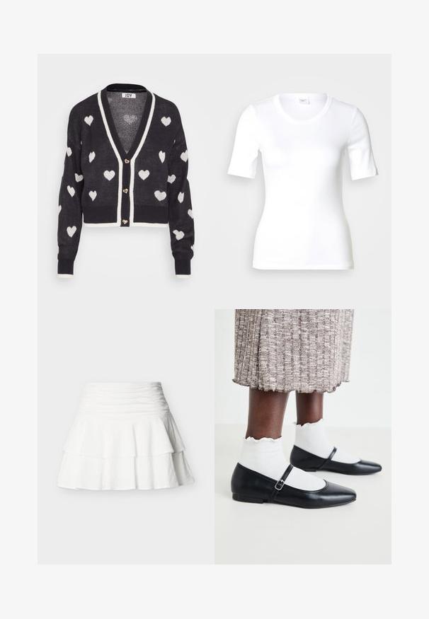 Hæklede cardigan med en navyblå base og hvide hjerte mønstre, v-hals og creme farvet kant. Tre hjerteformede knapper foran.; Hvid T-shirt med korte ærmer lavet af glat bomuld, med rund halsudskæring og en tætsiddende pasform. Klassisk design uden mønstre eller detaljer.; Hvid lagdelt miniskørt med rynket høj taljebånd, lavet af tekstureret stof, vist mod en ensfarvet baggrund.; Sorte ballerinaer med spids tå og flad hæl, der har et justerbart bånd over foden. Båret med hvide teksturerede strømper.