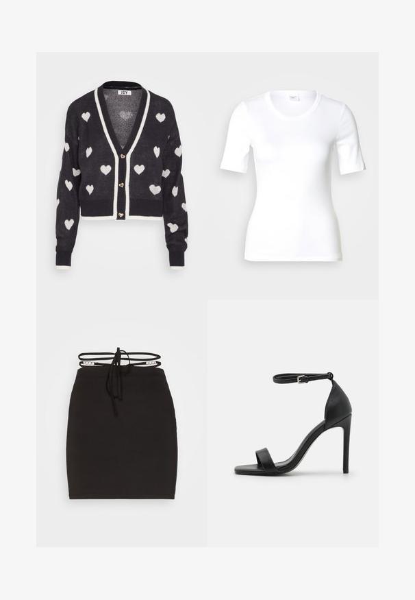 Hæklede cardigan med en navyblå base og hvide hjerte mønstre, v-hals og creme farvet kant. Tre hjerteformede knapper foran.; Hvid T-shirt med korte ærmer lavet af glat bomuld, med rund halsudskæring og en tætsiddende pasform. Klassisk design uden mønstre eller detaljer.; Noisy May NMCELESTE CHAIN DETAILS SKRIT - Mini skirts - black; Sort højhælet sandal med et sleek design, der har en ankelrem, åben tå og glat lædertekstur.