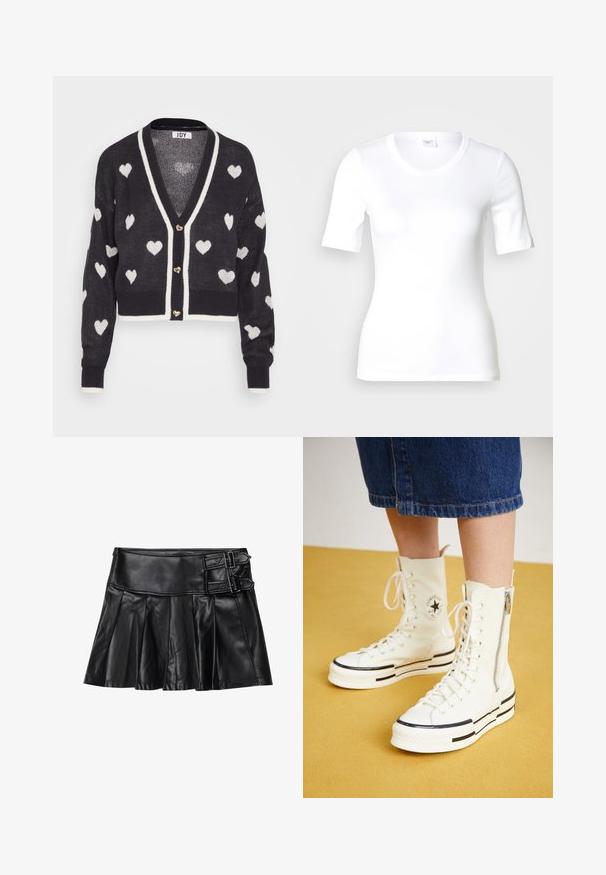 Hæklede cardigan med en navyblå base og hvide hjerte mønstre, v-hals og creme farvet kant. Tre hjerteformede knapper foran.; Hvid T-shirt med korte ærmer lavet af glat bomuld, med rund halsudskæring og en tætsiddende pasform. Klassisk design uden mønstre eller detaljer.; Sort læderskirt med pliser, bred talje og to spænde-accenter på siden. Glat tekstur med en blank finish.; Hvide høj-top sneakers med lynlåslukning, snørresystem og sorte striber på en tyk sål. Tekstureret kanvasmateriale.