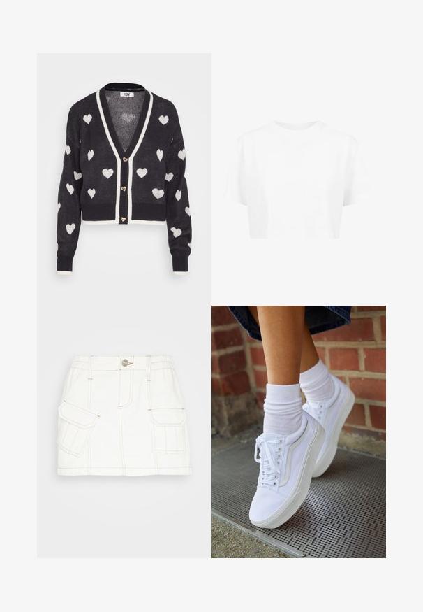 Hæklede cardigan med en navyblå base og hvide hjerte mønstre, v-hals og creme farvet kant. Tre hjerteformede knapper foran.; Hvid cropped t-shirt, korte ærmer, rund halsudskæring, lavet af blødt stof, uden synlige mønstre eller distinkt hardware.; BDG Urban Outfitters SKIRT - Denimnederdele - white; Hvide lærreds sneakers med gummisåler, der har seks snørehuller, rund tå og let sømdetaljer, krydret med hvide ankelstrømper.