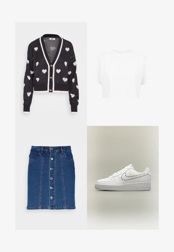 Hæklede cardigan med en navyblå base og hvide hjerte mønstre, v-hals og creme farvet kant. Tre hjerteformede knapper foran.; Hvid cropped t-shirt, korte ærmer, rund halsudskæring, lavet af blødt stof, uden synlige mønstre eller distinkt hardware.; Vero Moda VMPETRA SHORT SKIRT - Denimnederdele - medium blue denim; Hvid lavtop-sneaker med perforeret Nike-swoosh-design på siden, hvide snørebånd og tekstureret sål på en neutral baggrund.