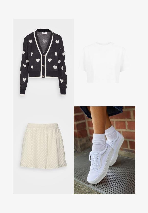 Hæklede cardigan med en navyblå base og hvide hjerte mønstre, v-hals og creme farvet kant. Tre hjerteformede knapper foran.; Hvid cropped t-shirt, korte ærmer, rund halsudskæring, lavet af blødt stof, uden synlige mønstre eller distinkt hardware.; ONLY ONLKLARA ZIGZAG SKIRT - A-snit nederdel - pumice stone; Hvide lærreds sneakers med gummisåler, der har seks snørehuller, rund tå og let sømdetaljer, krydret med hvide ankelstrømper.