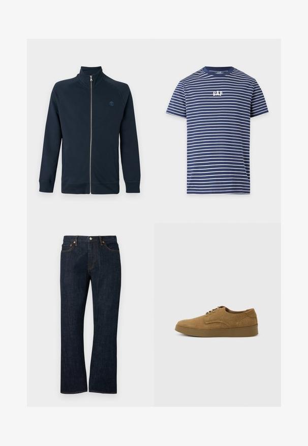 Veste zippée intégralement bleu marine avec col montant, manches longues, poches latérales et petit logo d'arbre brodé sur la poitrine gauche.; T-shirt bleu marine à manches courtes avec fines rayures blanches horizontales et logo blanc "GAP" centré sur la poitrine.; Jean droit en denim bleu foncé avec poches avant, rivets en cuivre et fermeture par bouton.; Chaussure décontractée à lacets en daim marron avec semelle en caoutchouc plate, vue de côté sur un fond clair uni.