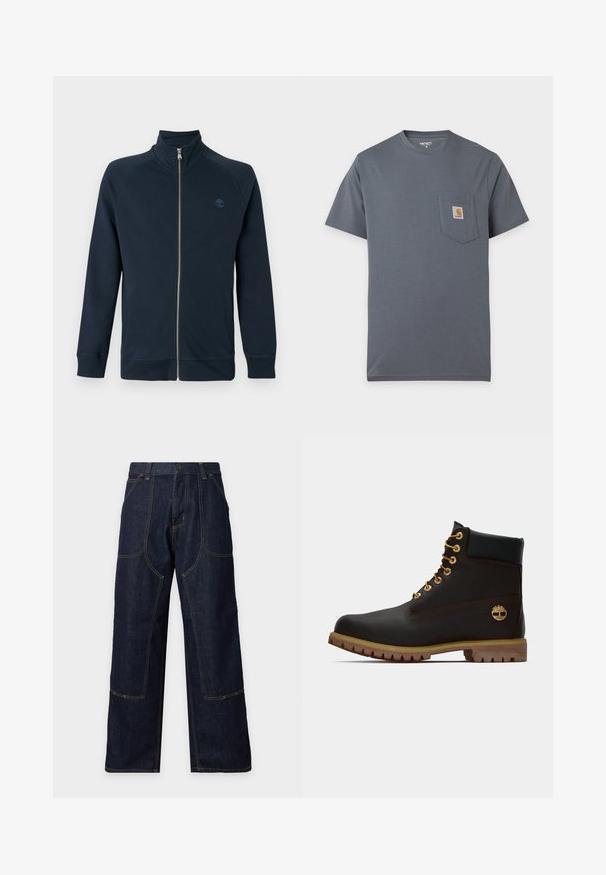 Veste zippée intégralement bleu marine avec col montant, manches longues, poches latérales et petit logo d'arbre brodé sur la poitrine gauche.; T-shirt gris à manches courtes avec une poche avant comportant un petit patch carré du logo Carhartt sur la poitrine.; Pantalon en jean bleu foncé à jambes larges, coutures contrastées, poches plaquées devant et fermeture par bouton à la taille.; Bottine noire en cuir avec œillets dorés, accents marron et semelle en caoutchouc. Comprend un col rembourré et un logo estampé sur le côté.