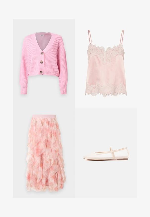 Cardigan court rose en maille épaisse avec manches longues, col en V, et trois grands boutons sur le devant.; Caraco en satin rose clair avec bordure en dentelle blanche le long de l'encolure et de l'ourlet, avec fines bretelles réglables.; Jupe midi en tulle rose à couches avec motif floral et taille élastique, présentant des textures douces et volantées.; Ballerines avec une tige en mesh beige transparent et une bride en satin, dotées d'un bout arrondi et d'une semelle basse marron. Design léger et flexible.