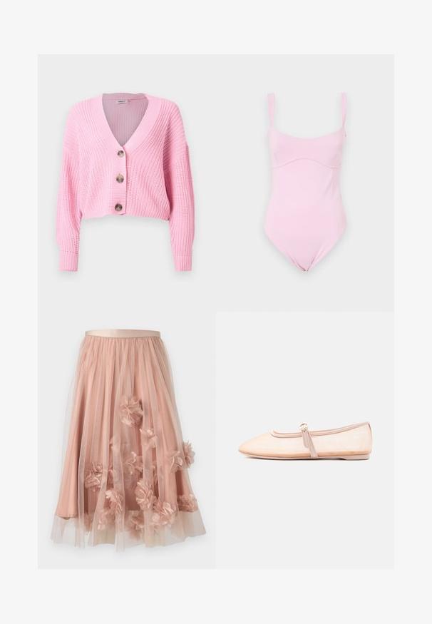 Cardigan court rose en maille épaisse avec manches longues, col en V, et trois grands boutons sur le devant.; Good American TANK - Débardeur - flora; Jupe en tulle rose pâle avec une ceinture en satin. Comprend plusieurs couches de tissu transparent et des appliqués floraux en trois dimensions sur toute la surface.; Chaussure plate beige clair avec un bout pointu et une bride latérale avec boucle, présentée sur un fond blanc uni.