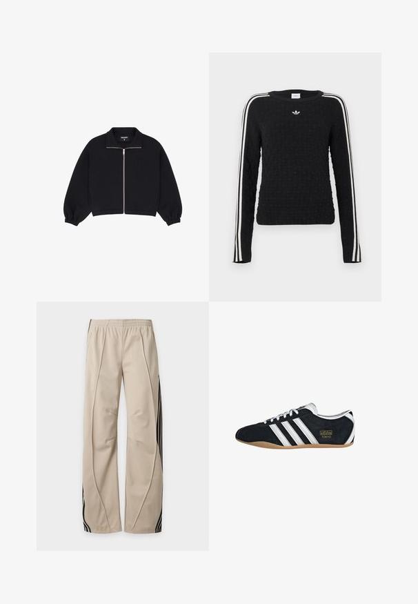 Veste noire à fermeture éclair avec manches longues, poignets élastiques, col et un logo "WB" discret sur la poitrine gauche.; Pull en maille noire avec une surface texturée, manches longues, col rond, rayures blanches sur les côtés et logo brodé sur la poitrine.; Pantalon de survêtement beige avec taille élastique et bandes verticales noires le long des côtés extérieurs des jambes.; Sneakers en suede noir avec trois bandes blanches, logo doré et semelle en caoutchouc marron. Présente un design à lacets à profil bas.