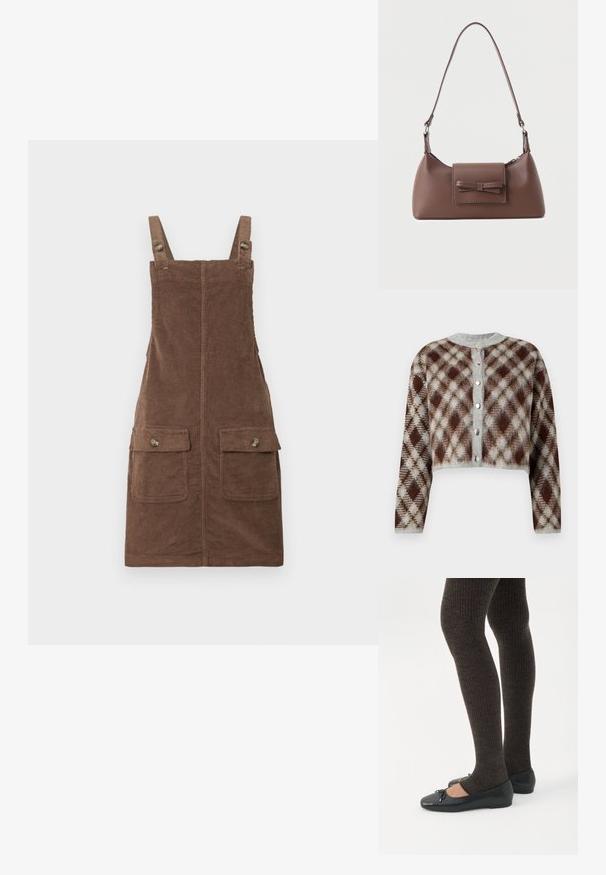 Kurzes Cardigan in einem braun-grauen-beigen Rautenmuster. Mit einem Rundhalsausschnitt und fünf silberfarbenen Knöpfen auf der Vorderseite.; Braunes Korduroy-Latzkleid mit verstellbaren Trägern, zwei vorderen Taschen und einer mittleren Naht. Strukturiertes Gewebe mit weicher Optik.; Beine in dunklen, gerippten Leggings kombiniert mit schwarzen Ballerinas mit kleinen Schleifendetails auf weißem Hintergrund.; Braune Leder-Umhängetasche mit einer vorderen Klappentasche, die ein gestepptes Schleifendetail und einen verstellbaren Riemen aufweist.