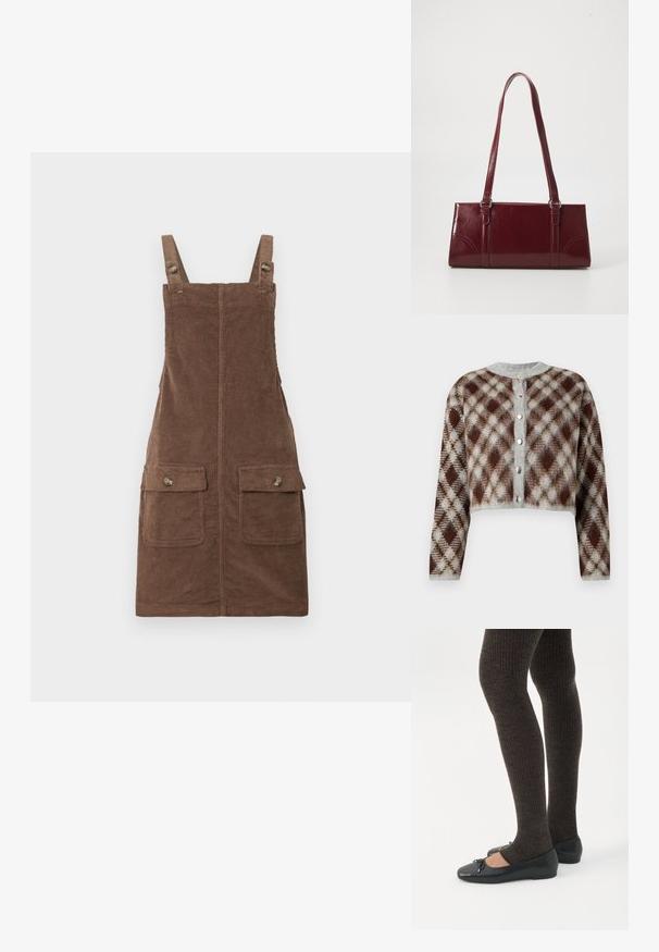Kurzes Cardigan in einem braun-grauen-beigen Rautenmuster. Mit einem Rundhalsausschnitt und fünf silberfarbenen Knöpfen auf der Vorderseite.; Braunes Korduroy-Latzkleid mit verstellbaren Trägern, zwei vorderen Taschen und einer mittleren Naht. Strukturiertes Gewebe mit weicher Optik.; Beine in dunklen, gerippten Leggings kombiniert mit schwarzen Ballerinas mit kleinen Schleifendetails auf weißem Hintergrund.; Burgunderfarbene Handtasche aus glänzendem Material, rechteckige Form, mit zwei Schulterriemen und subtilen, geschwungenen Akzenten an der Vorderseite.