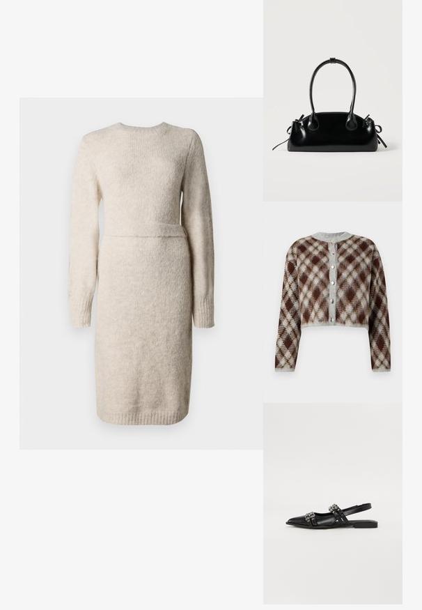 Forkortet cardigan i et brunt, gråt og beige diamantmønster. Har en rund halsudskæring og fem sølvfarvede knapper foran.; Strik beige kjole med lange ærmer, rund halsudskæring og tekstureret finish. Figursyet talje med en accentbånd, knælængde kant.; Even&Odd by Zalando Slingback-ballerinasko - black; Lille sort blank håndtaske med to lange håndtag og snøre-detaljer i siden på en ensfarvet lys baggrund.