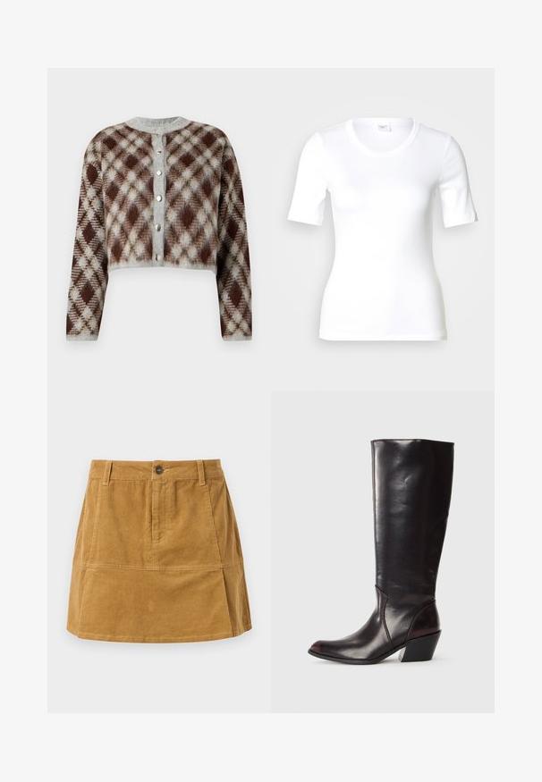 Kurzes Cardigan in einem braun-grauen-beigen Rautenmuster. Mit einem Rundhalsausschnitt und fünf silberfarbenen Knöpfen auf der Vorderseite.; Weißes T-Shirt mit kurzen Ärmeln aus glattem Baumwollstoff, mit rundem Ausschnitt und figurbetonter Form. Klassisches Design, ohne Muster oder Akzente.; Brauner Cord-Rock mit klassischem Schnitt, vorderer Knopfleiste, zwei Seitentaschen und strukturiertem vertikalem Rippmuster.; Knöchelhigh, dunkelbraune Lederstiefel mit spitzem Zeh, eckigem Blockabsatz und glatter, glänzender Textur. Verfügt über ein klares Design und Steppnähte.