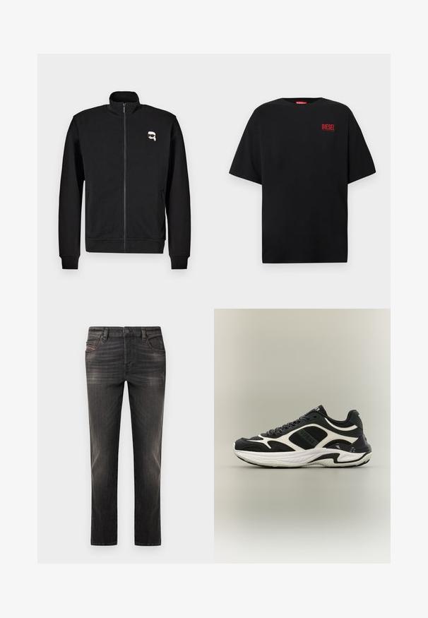 Sort zip-up sweatshirt lavet af en bomuldsblanding, med en stående krave og ribbede manchetter, samt et lille tegneserieansigt logo på venstre bryst.; Sort T-shirt lavet af bomuld, med korte ærmer, rund halsudskæring og en rød "DIESEL"-logo på venstre brystområde.; Sorte denimjeans med et falmet design, straight-leg pasform, fem-lommer stil og knaplukning. Har diskrete syninger og hardware-detaljer.; Sort-hvid lavtop-sneaker med chunky hvid sål og detaljeret panelopdelt design, vist fra siden på en lysegrå baggrund.