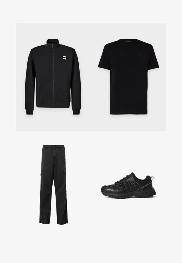 Schwarze Zip-up-Sweatjacke aus Baumwollmischung mit Stehkragen und gerippten Bündchen, mit einem kleinen Cartoon-Gesicht-Logo auf der linken Brust.; Schwarzes kurzärmliges T-Shirt aus Baumwolle mit Rundhalsausschnitt und einem dezent geprägten Logo auf der linken Brust. Glatte Textur.; Schwarze Cargo-Hosen mit geradem Schnitt, Knopfverschluss und Seitentaschen. Glatter Stoff mit mattem Finish und ohne sichtbare Muster.; Schwarzer Sneaker mit niedrigem Schnitt, dicker profillierter Sohle, Mesh- und synthetischem Obermaterial, Schnürverschluss, Zuglasche an der Ferse und „KARLLAGERFELD“-Logo an der Seite.