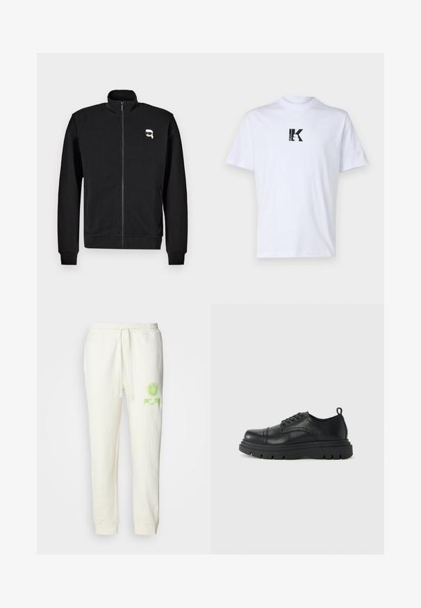 Sort zip-up sweatshirt lavet af en bomuldsblanding, med en stående krave og ribbede manchetter, samt et lille tegneserieansigt logo på venstre bryst.; Hvid bomulds-t-shirt med et sort grafisk logo, der har bogstavet "K" i et firkantet design. Klassisk rund hals og korte ærmer.; Cremefarvede sweatpants lavet af bomuldsblanding, med elastisk talje, snøre og lysegrøn trykt smiley-logo foran.; Sorte læder snørebåndssko med chunky sål og træktab på hælen, set fra siden på en ensfarvet lys baggrund.